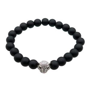 black matte Onyx Agate Bracelet with foxhead, stretchy, approx 8mm dia