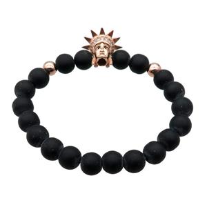 black matte Onyx Agate Bracelet with goddess, stretchy, approx 8mm dia