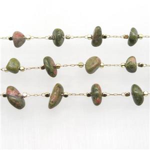 Unakite chip bead chain, gold plated, approx 5-10mm
