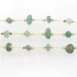 Green Aventurine bead chip chain, gold plated, approx 5-10mm
