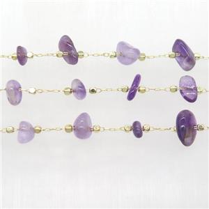 purple Amethyst chips beads chain, gold plated, approx 5-10mm