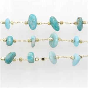 Amazonite chip beads chain, gold plated, approx 5-10mm