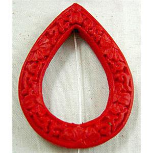 Cinnabar (imitation) beads, Red, Flat Teardrop, Carved  Flower, 30x43mm,6mm thick