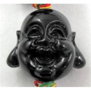 Compositive coral bead, smile buddha, black, 22mm dia, 16pcs per st