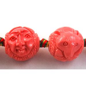 Compositive coral bead, face and fox, 16x20mm, 16pcs per st