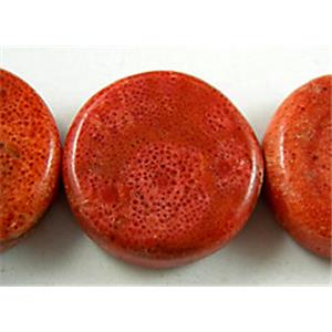 Natural Coral Beads, sponge, red, flat-round, 20mm dia, 7mm thick, 22pcs per st