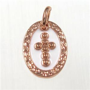 copper oval cross pendants, enamel, rose plated, approx 9-12mm