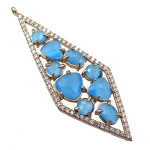 copper polygon pendant paved zircon with blue crystal glass, hollow, gold plated, approx 19-54mm