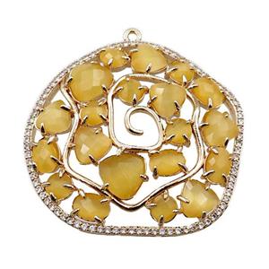 copper flower pendant paved zircon with yellow crystal glass, hollow, gold plated, approx 40mm