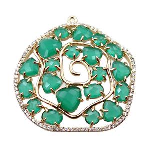 copper flower pendant paved zircon with green crystal glass, hollow, gold plated, approx 40mm