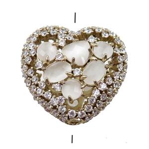 copper heart beads paved zircon with white crystal glass, hollow, gold plated, approx 25mm