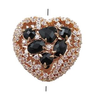 copper heart beads paved zircon with black crystal glass, hollow, gold plated, approx 25mm