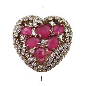 copper heart beads paved zircon with hotpink crystal glass, hollow, gold plated, approx 25mm