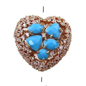 copper heart beads paved zircon with blue crystal glass, hollow, gold plated, approx 25mm