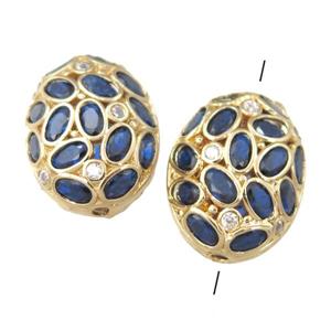 copper oval beads paved blue zircon, gold plated, approx 17-22mm
