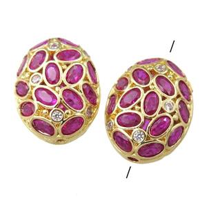copper oval beads paved hotpink zircon, hollow, gold plated, approx 17-22mm