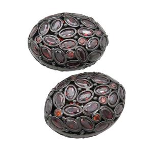 copper oval beads pave red zircon, black plated, approx 20-26mm