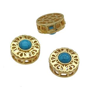 Copper Coin Beads Pave Turquoise Gold Plated, approx 12mm dia