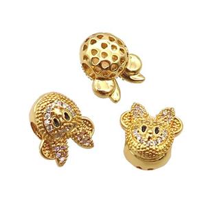 Copper Mouse Beads Pave Zircon Large Hole Gold Plated, approx 11-13mm, 3mm hole