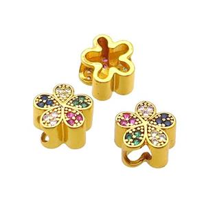Copper Flower Beads Pave Zircon Large Hole Gold Plated, approx 11mm, 4mm hole