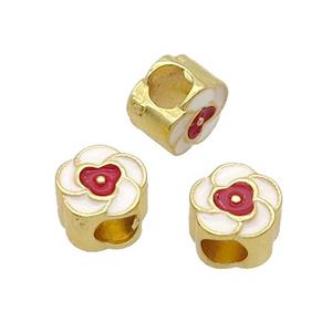 Copper Flower Beads White Enamel Large Hole Gold Plated, approx 10mm, 4.5mm hole