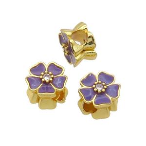 Copper Flower Beads Purple Enamel Large Hole Gold Plated, approx 12mm, 4mm hole