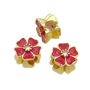 Copper Flower Beads Red Enamel Large Hole Gold Plated, approx 12mm, 4mm hole