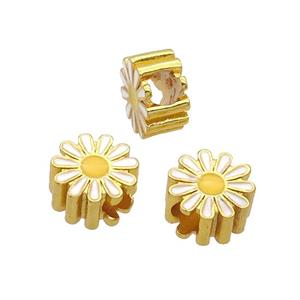 Copper Daisy Flower Beads White Enamel Large Hole Gold Plated, approx 11.5mm, 4mm hole