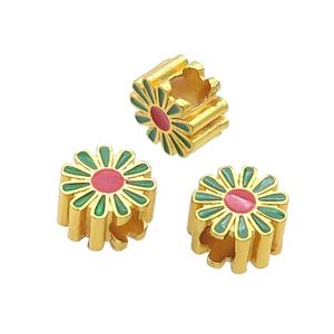 Copper Daisy Flower Beads Green Enamel Large Hole Gold Plated, approx 11.5mm, 4mm hole