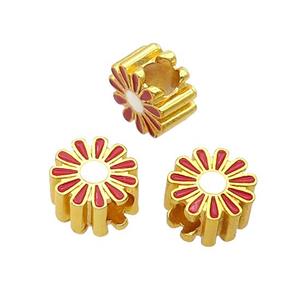 Copper Daisy Flower Beads Red Enamel Large Hole Gold Plated, approx 11.5mm, 4mm hole