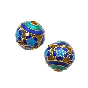 Alloy Round Beads Blue Enamel Hollow Gold Plated, approx 12mm dia