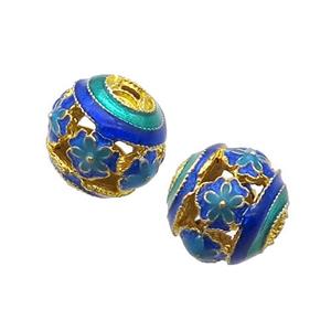 Alloy Round Beads Blue Enamel Hollow Gold Plated, approx 14mm dia