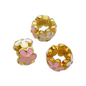 Copper Flower Beads White Pink Enamel Large Hole Gold Plated, approx 10mm, 5mm hole