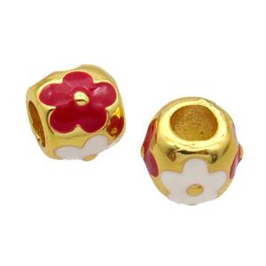 Copper Barrel Beads Red White Enamel Large Hole Gold Plated, approx 11mm, 5mm hole