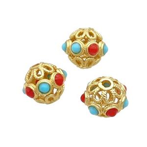 Copper Round Beads Enamel Hollow Gold Plated, approx 10mm
