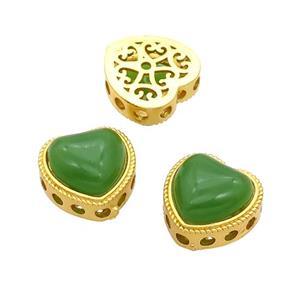 Copper Heart Beads Pave Green Jade Gold Plated, approx 12.5mm