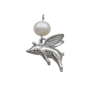 Copper Pig Charm Pendant With Pearl Platinum Plated, approx 13mm, 6mm