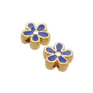 Copper Flower Beads Blue Enamel Gold Plated, approx 7.5mm
