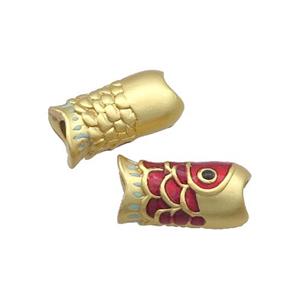 Copper Fish Beads Red Enamel Large Hole Unfade Gold Plated, approx 9-16mm, 4mm hole