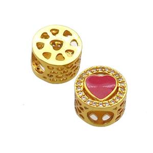 Copper Butter Beads Pave Zircon Red Enamel Heart Large Hole Gold Plated, approx 10.5mm, 5mm hole