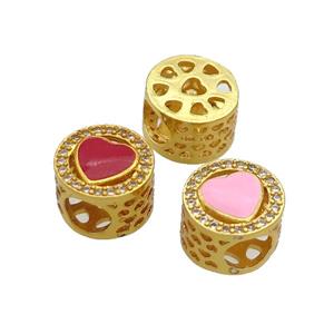 Copper Butter Beads Pave Zircon Mix Enamel Heart Large Hole Gold Plated, approx 10.5mm, 5mm hole