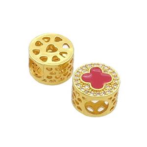 Copper Butter Beads Pave Zircon Red Enamel Cross Large Hole Gold Plated, approx 10.5mm, 5mm hole