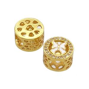 Copper Butter Beads Pave Zircon White Enamel Butterfly Large Hole Gold Plated, approx 10.5mm, 5mm hole