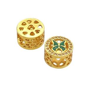 Copper Butter Beads Pave Zircon Green Enamel Butterfly Large Hole Gold Plated, approx 10.5mm, 5mm hole