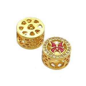 Copper Butter Beads Pave Zircon Red Enamel Butterfly Large Hole Gold Plated, approx 10.5mm, 5mm hole