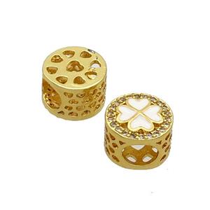 Copper Butter Beads Pave Zircon White Enamel Clover Large Hole Gold Plated, approx 10.5mm, 5mm hole