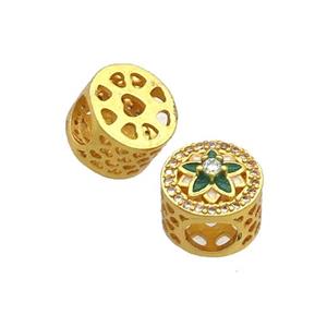 Copper Butter Beads Pave Zircon Green Enamel Flower Large Hole Gold Plated, approx 10.5mm, 5mm hole