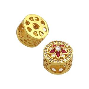 Copper Butter Beads Pave Zircon Red Enamel Flower Large Hole Gold Plated, approx 10.5mm, 5mm hole