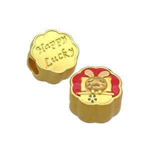 Copper Button Circle Beads Rabbit Red Enamel Large Hole Unfade Gold Plated, approx 12mm, 4mm hole