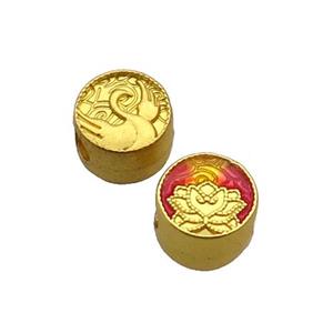 Copper Button Circle Beads Lotus Red Enamel Large Hole Unfade Gold Plated, approx 10mm, 4mm hole